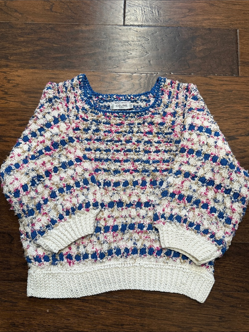 Celine Multicolor Open-Stitch Crew Sweater — Cream, Blue & Pink